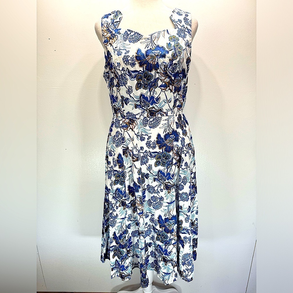 White Blue & Tan Floral Sleeveless Cotton A Line ModCloth Dress by Sunny Girl